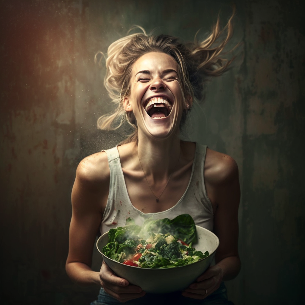 Inside The Mind Of An Ai Generated Woman Laughing Alone With Salad